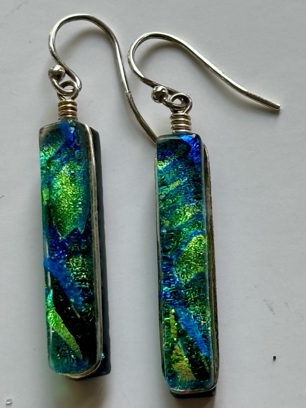 Artisan Dichroic Fused Glass Bar Earrings – Sterling Silver 925 - Picture 3 of 8